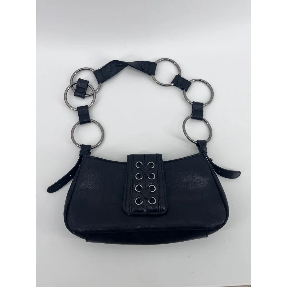 Black Faux Leather Baguette Shoulder Bag Silver Ring Chain Strap Y2K Grunge Goth